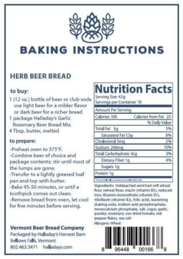 Halladay's Vermont Beer Bread- Garlic Rosemary