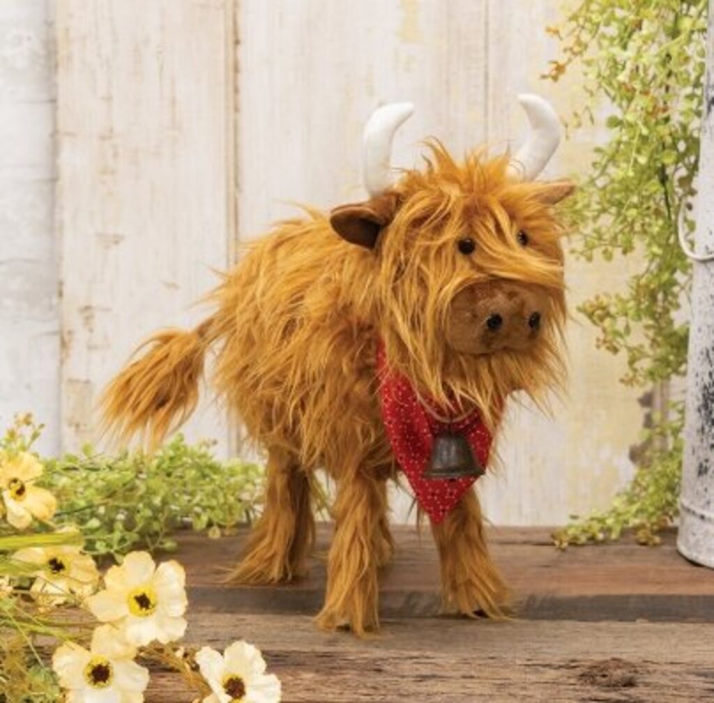 CS39193 13" Fluffy Highland Cow w Bandana and Bell