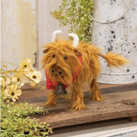 CS39193 9" Fluffy Highland Cow w Bandana and Bell